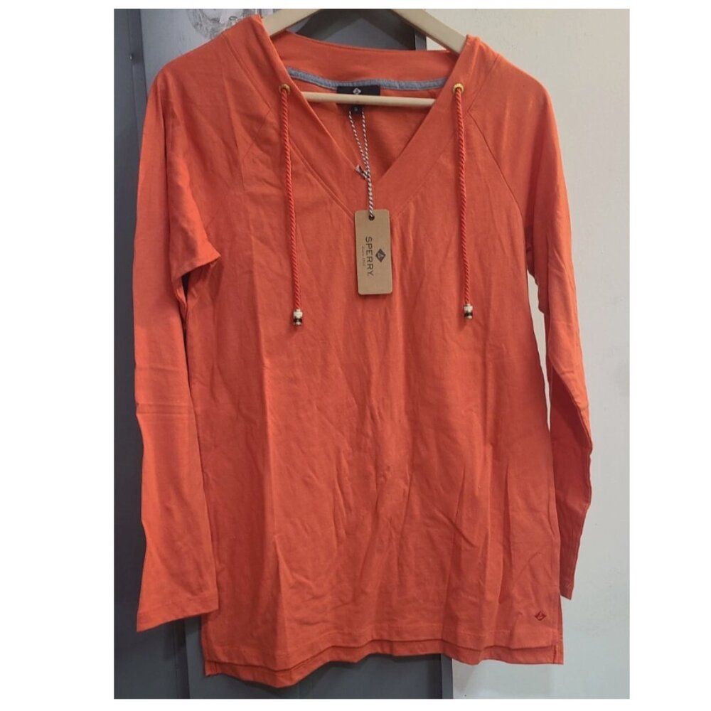 Sperry Bree Easy V-Neck Drawcord Long Sleeve Top (P92AN10) Orange Shirt